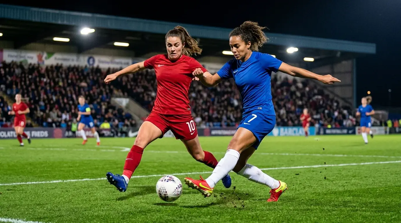 Jogadoras de futebol feminino em ação durante um jogo profissional num estádio iluminado