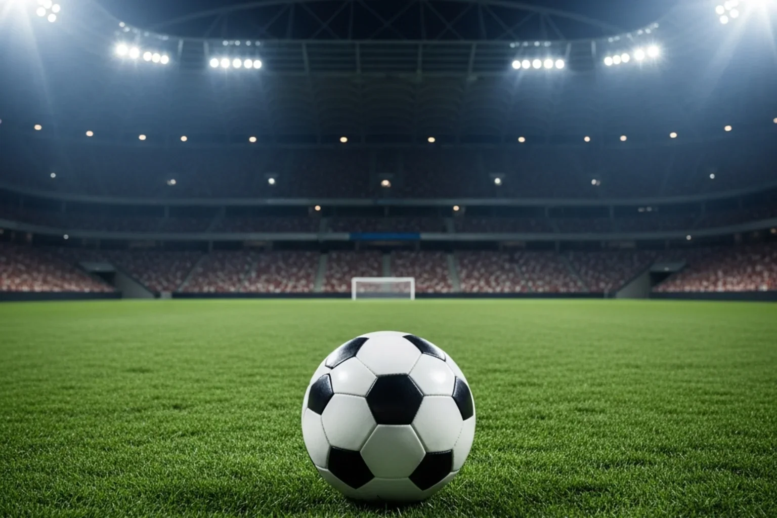 Bola de futebol sobre relvado de estádio europeu iluminado à noite