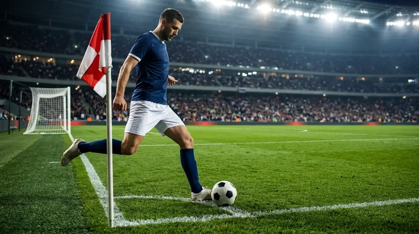 Jogador de futebol a preparar um pontapé de canto junto à bandeirola durante um jogo