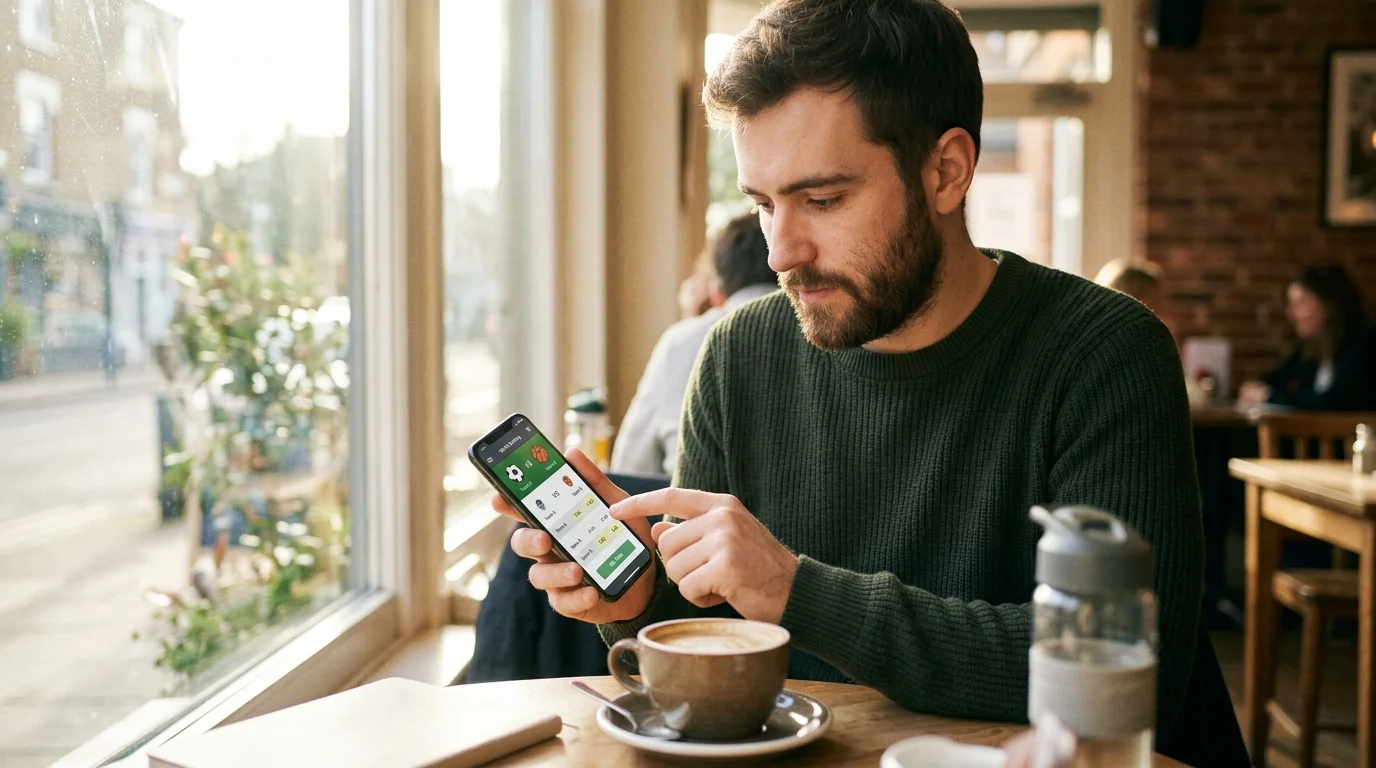 Jovem a consultar uma aplicação de apostas desportivas no telemóvel num café