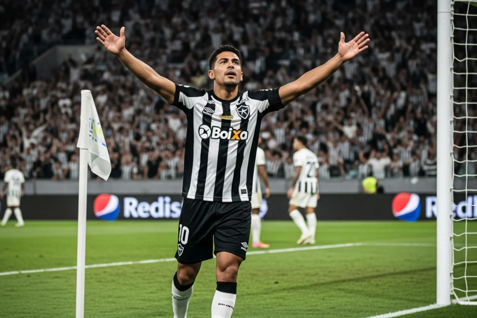 Jogador de futebol a celebrar um golo junto à baliza com o estádio em fundo