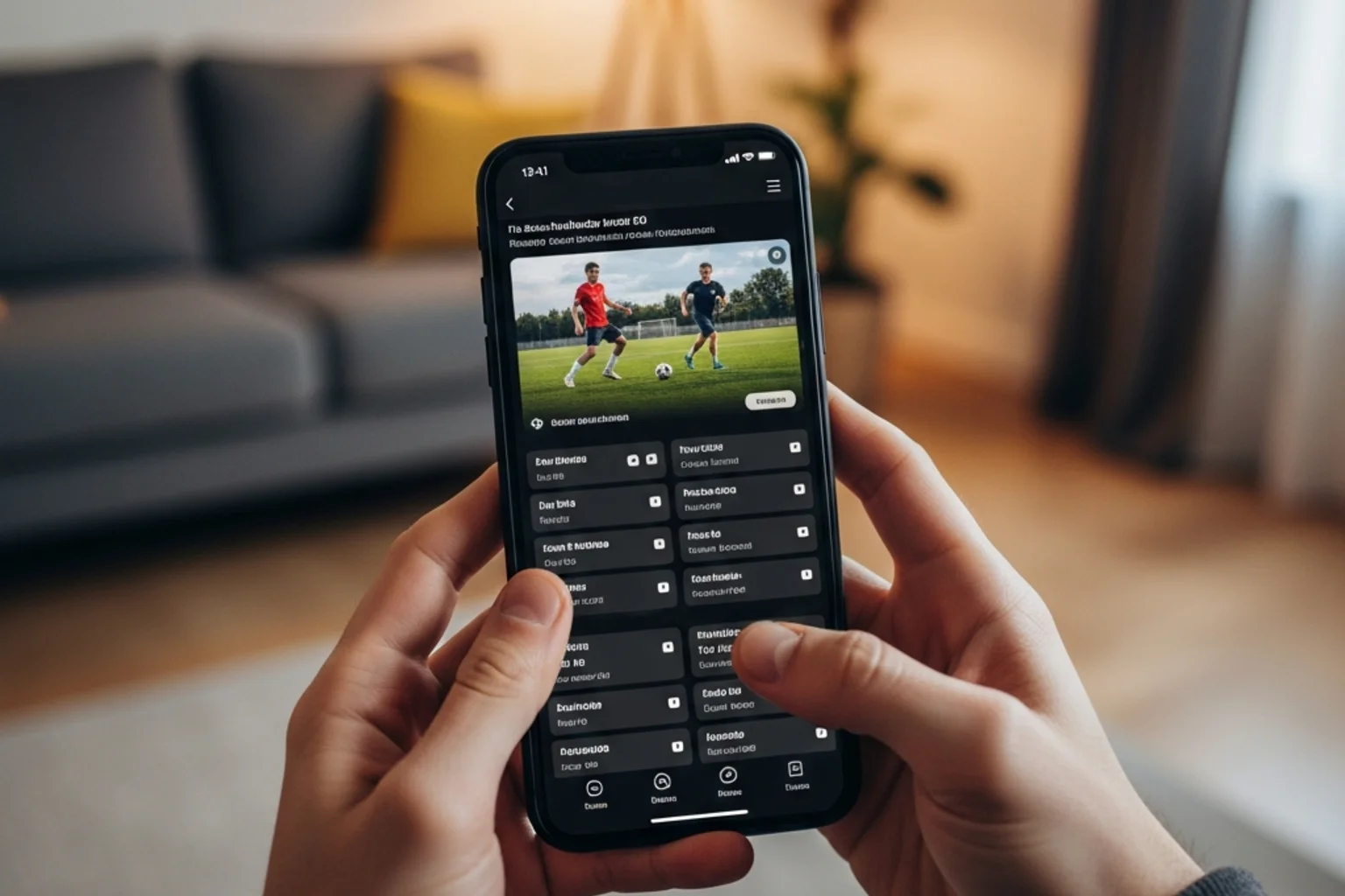 Mãos a segurar um telemóvel com uma aplicação de apostas desportivas aberta