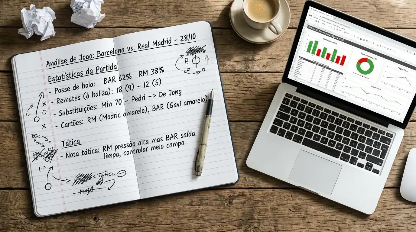 Caderno aberto com anotações e estatísticas de futebol junto a um portátil com dados de jogo