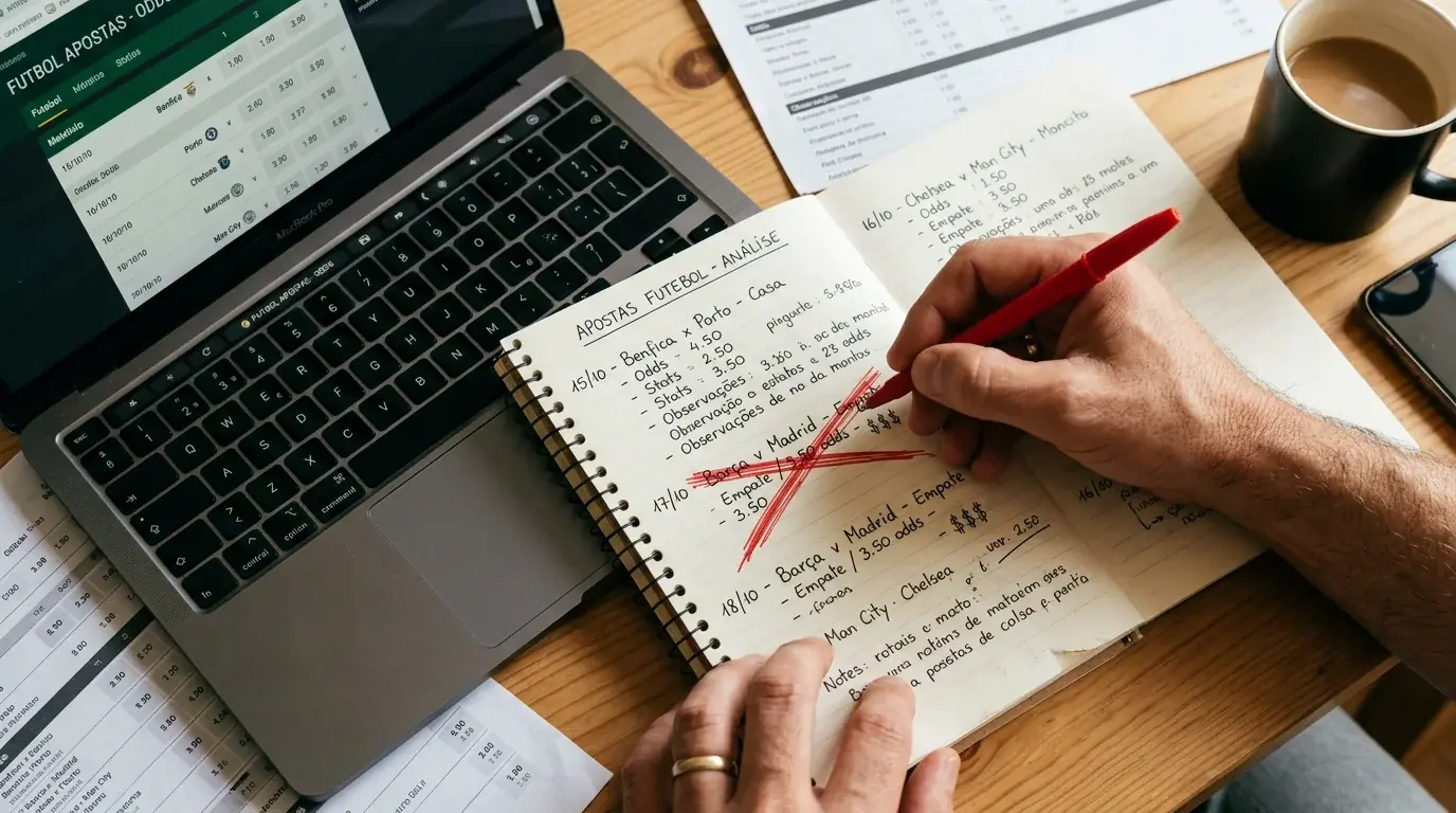 Mão a riscar um erro num caderno de apontamentos sobre uma secretária com portátil