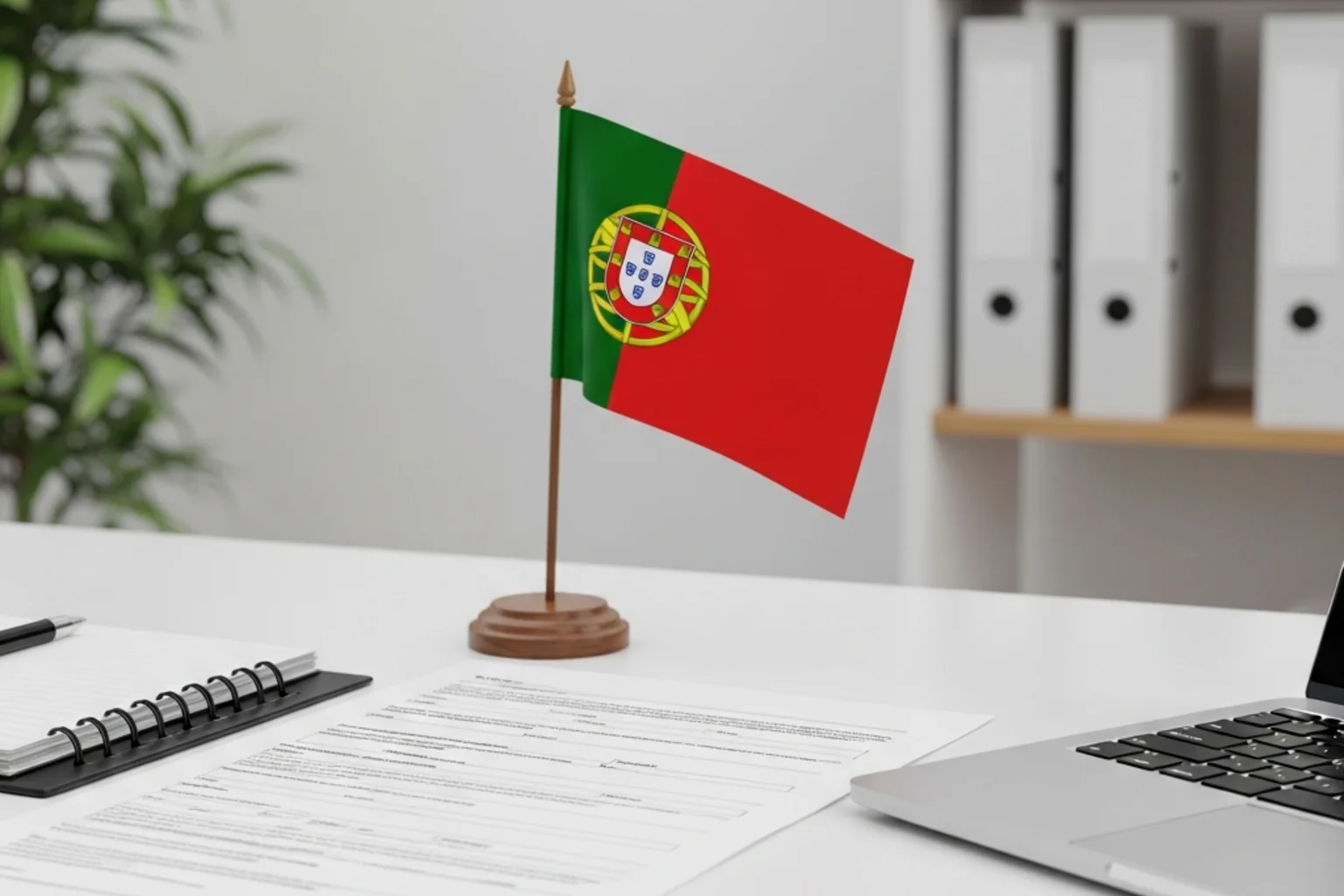 Documentos fiscais e formulários sobre uma secretária com a bandeira de Portugal ao fundo