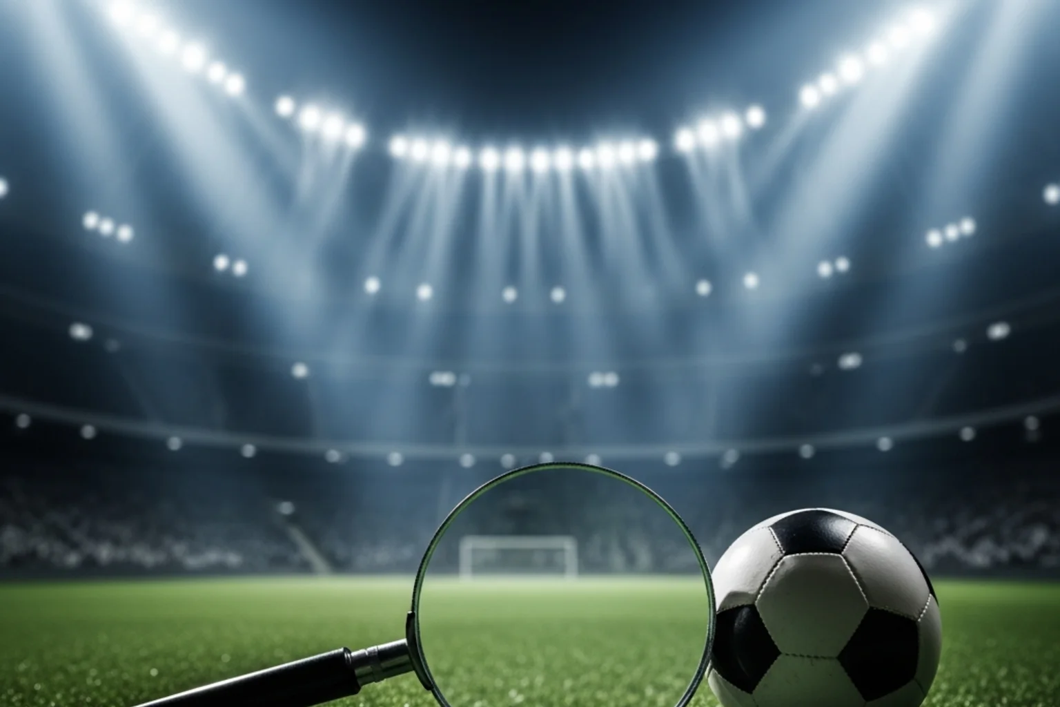 Lupa sobre um relvado de futebol iluminado por projetores de estádio à noite