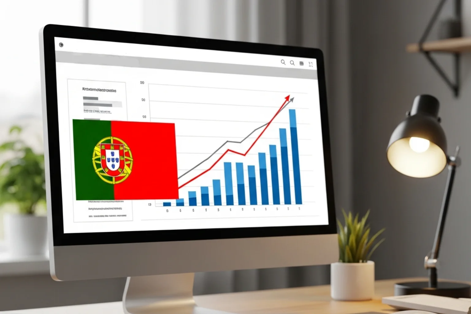 Gráfico de crescimento num ecrã de computador com a bandeira de Portugal ao lado