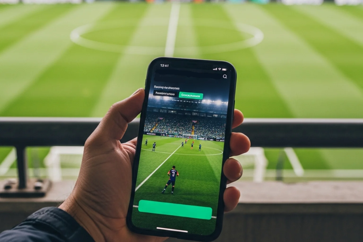 Telemóvel com aplicação de apostas desportivas numa mão com um relvado de futebol desfocado ao fundo