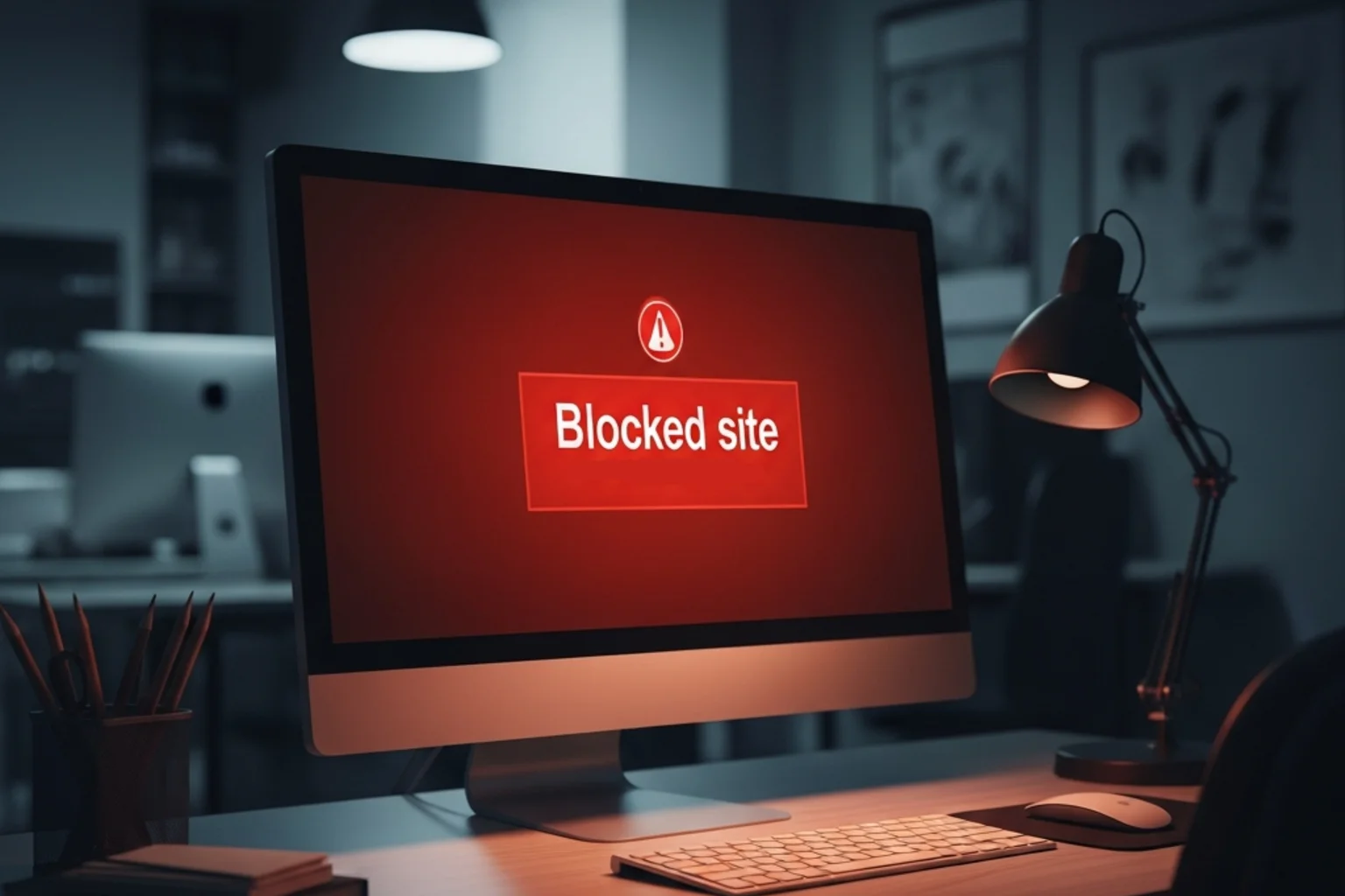 Ecrã de computador com um aviso de site bloqueado num ambiente de escritório