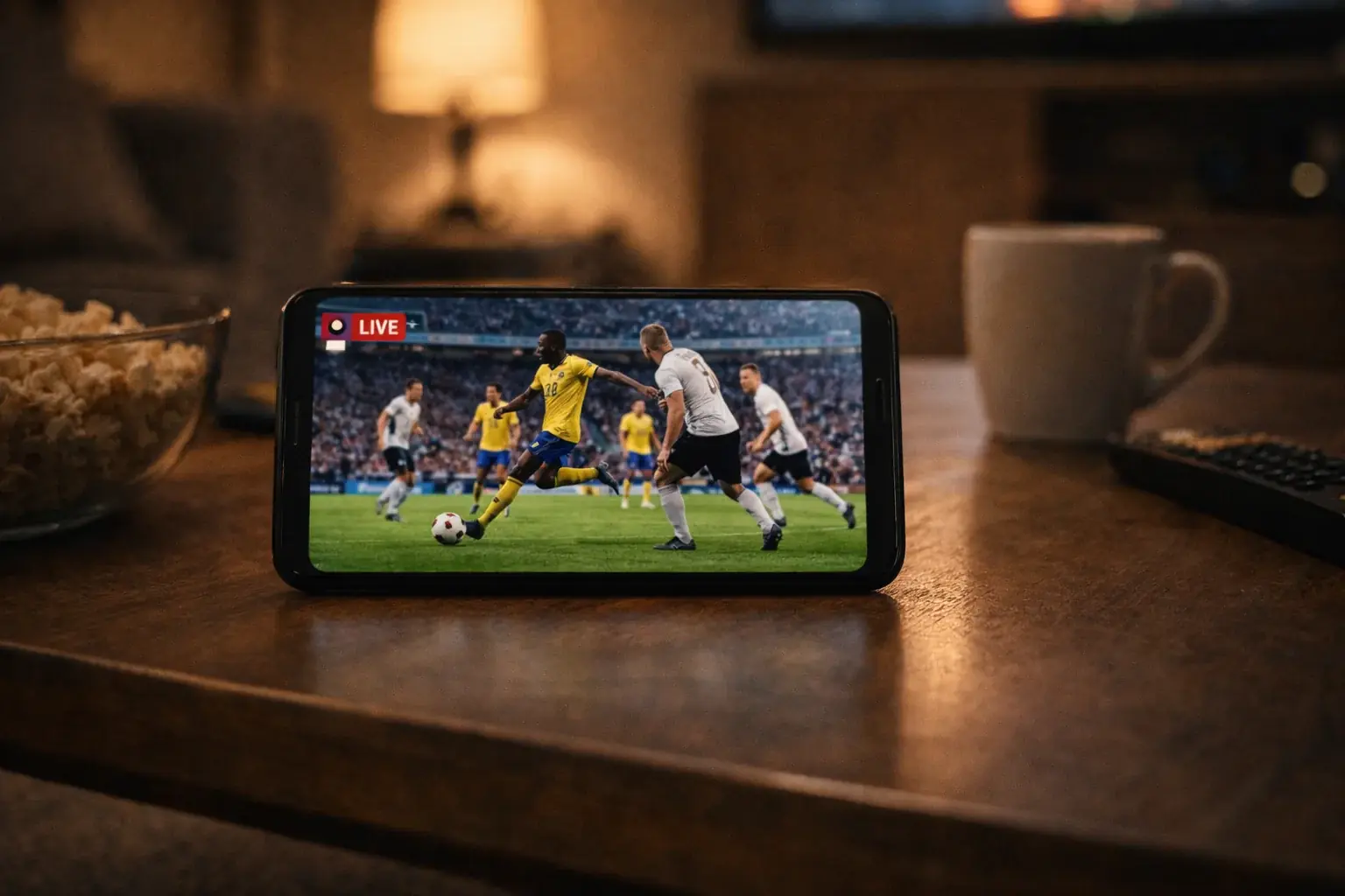 Telemóvel a transmitir um jogo de futebol em direto numa sala de estar
